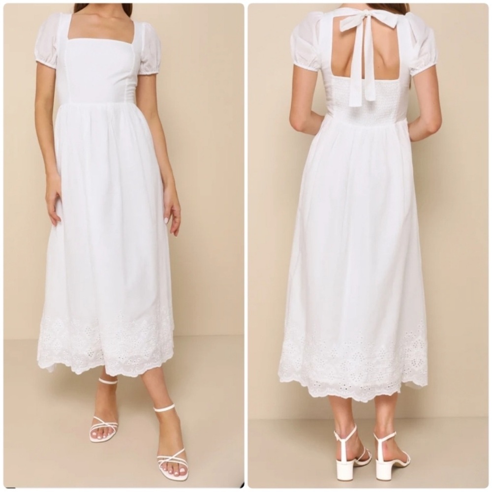 Lulu's Stylish Merriment White Puff Sleeve Embroidered Midi Dress Size Small